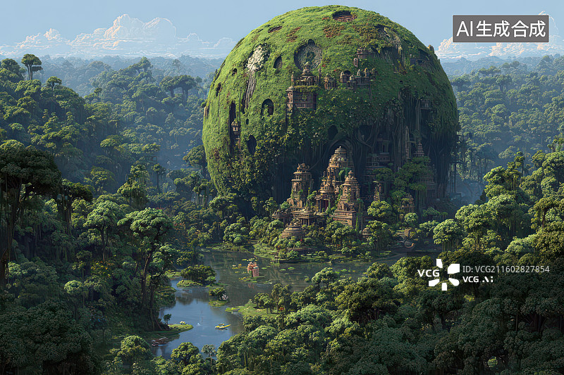 【AI数字艺术】森林绿球建筑河流小船奇幻艺术场景图片素材