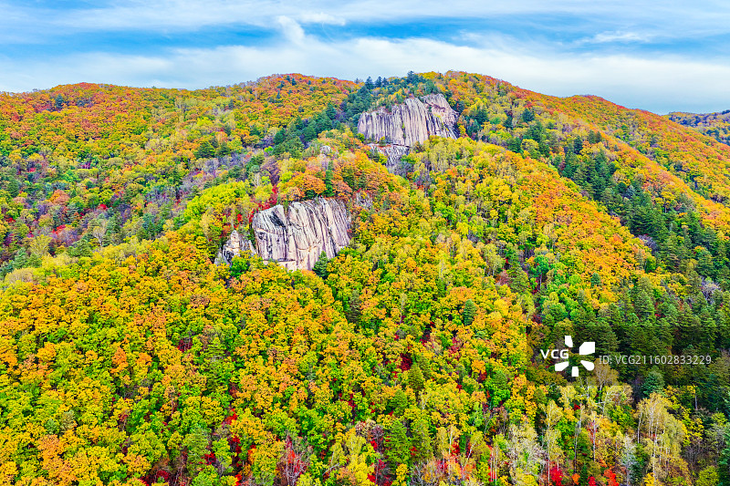 秋季日光下，无人机航拍吉林省延边朝鲜族自治州安图县红石石峰层林尽染的东北五花山自然风光。图片素材
