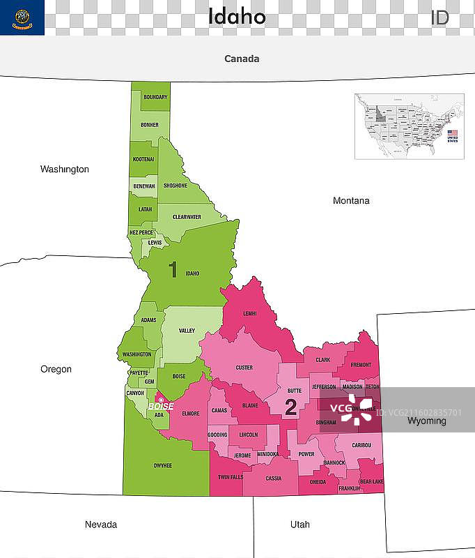 爱达荷州地图，包含县界和颜色图片素材
