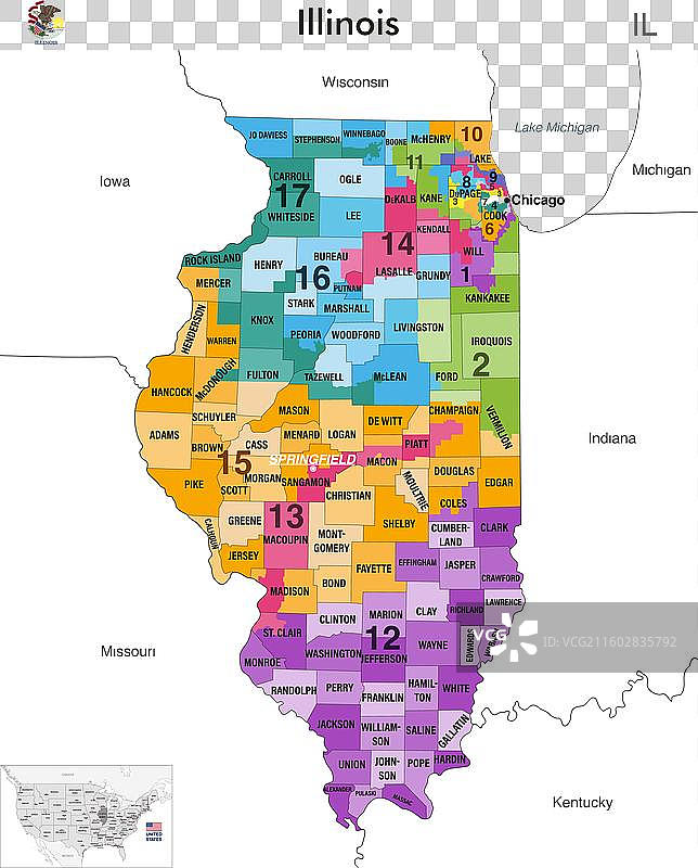 伊利诺伊州地图，包含郡界图片素材
