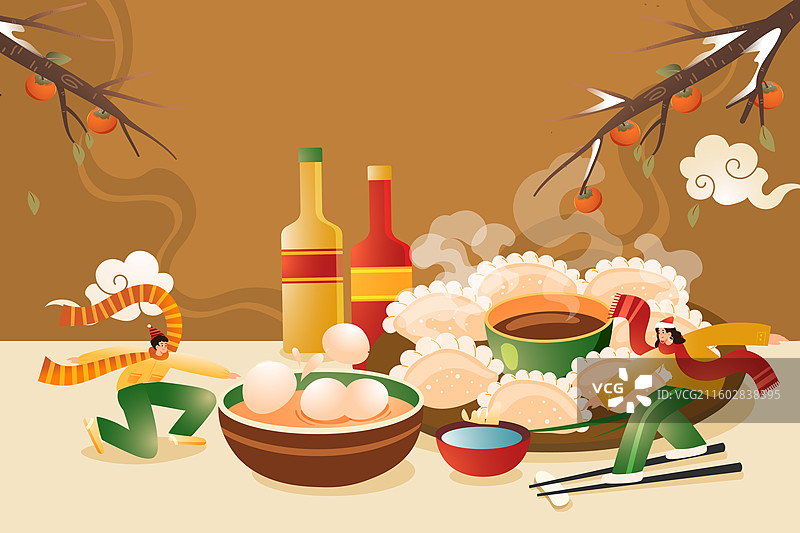 卡通冬季冬天小雪冬至节气饺子汤圆家人家庭亲子情侣美食餐饮雪景旅游自然风景电商中国风国潮渐变矢量插画图片素材