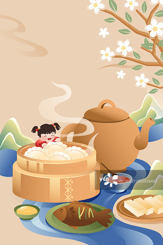 卡通冬季冬天小雪冬至节气饺子汤圆家人家庭亲子情侣美食餐饮雪景旅游自然风景电商中国风国潮渐变矢量插画图片素材