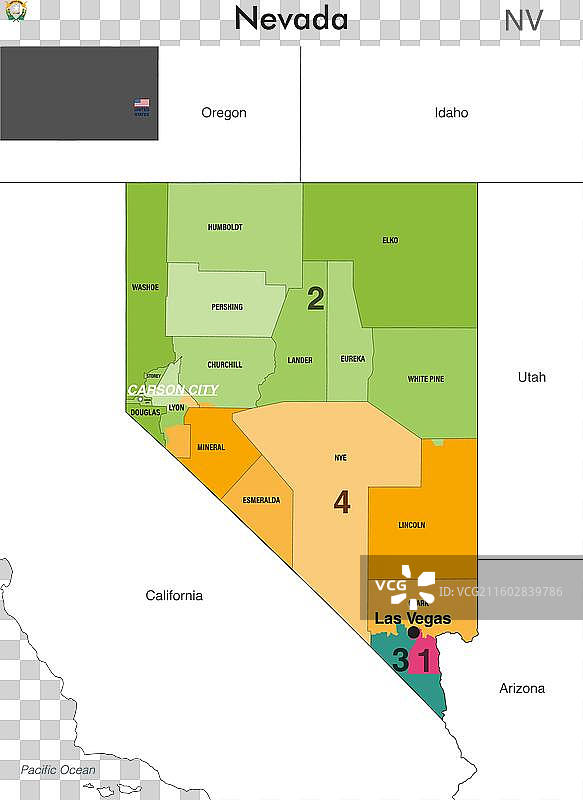 内华达州地图，显示了县的边界图片素材