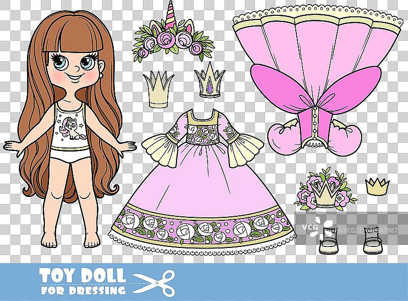 卡通长发棕发女孩和衣服图片素材