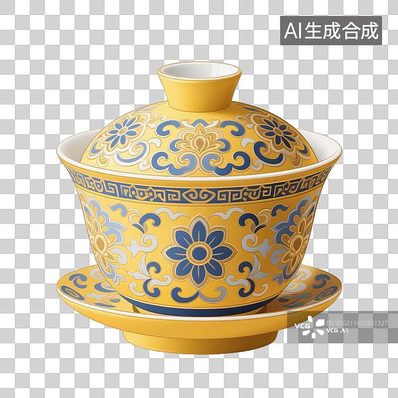 【AI数字艺术】国风手绘插画，盖碗茶，茶盏，茶杯茶具，瓷器，茶道，茶文化，喝茶饮茶免抠元素图片素材