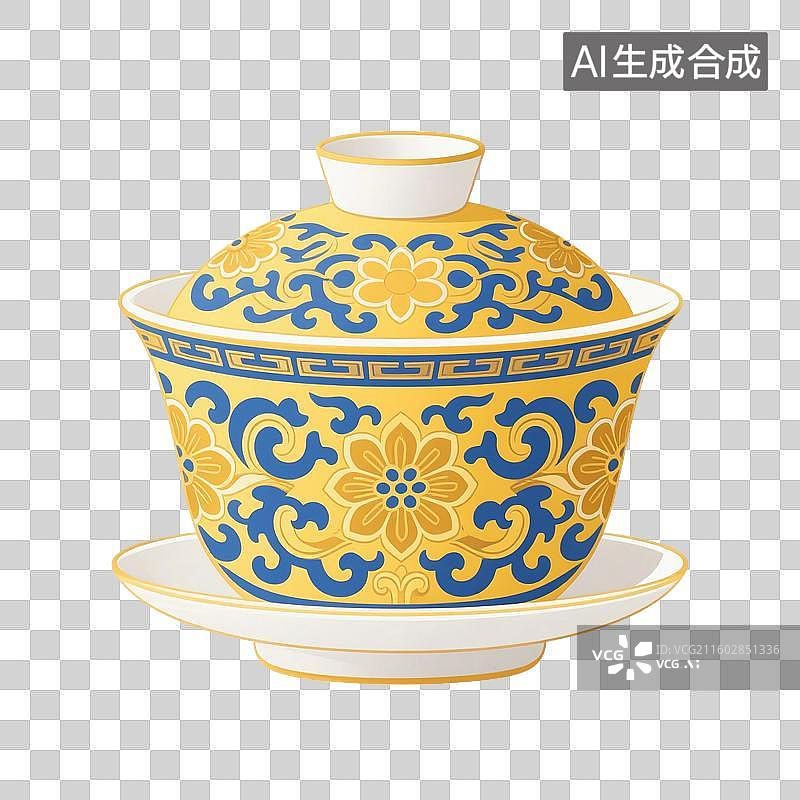 【AI数字艺术】国风手绘插画，盖碗茶，茶盏，茶杯茶具，瓷器，茶道，茶文化，喝茶饮茶免抠元素图片素材