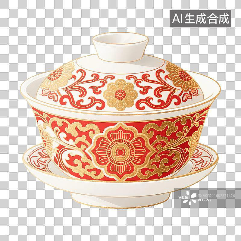 【AI数字艺术】国风手绘插画，盖碗茶，茶盏，茶杯茶具，瓷器，茶道，茶文化，喝茶饮茶免抠元素图片素材