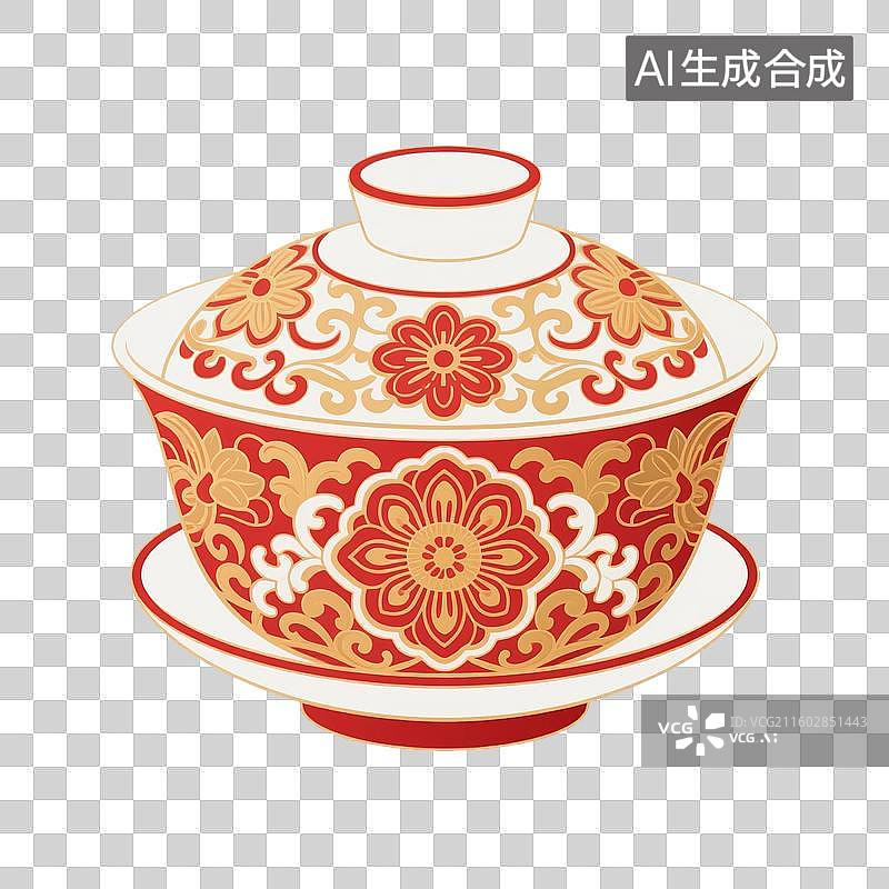 【AI数字艺术】国风手绘插画，盖碗茶，茶盏，茶杯茶具，瓷器，茶道，茶文化，喝茶饮茶免抠元素图片素材