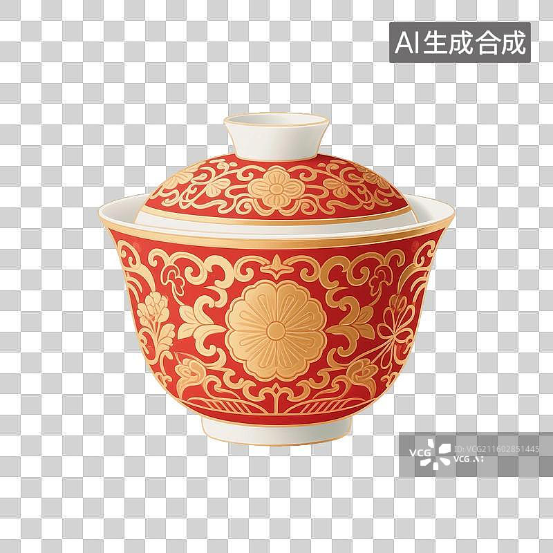 【AI数字艺术】国风手绘插画，盖碗茶，茶盏，茶杯茶具，瓷器，茶道，茶文化，喝茶饮茶免抠元素图片素材