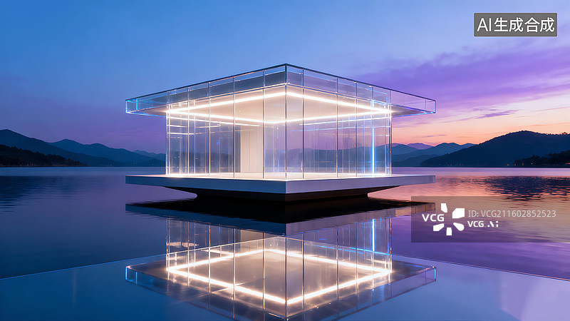 【AI数字艺术】水面上的未来感发光玻璃几何建筑图片素材