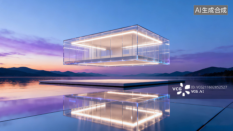 【AI数字艺术】水面上的未来感发光玻璃几何建筑图片素材