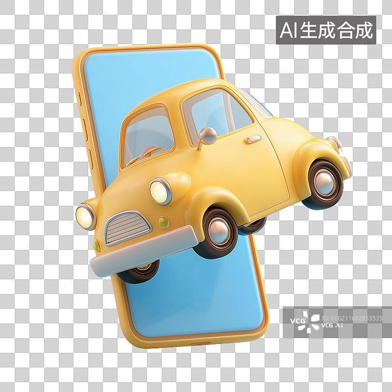 【AI数字艺术】卡通汽车驶出手机屏图片素材