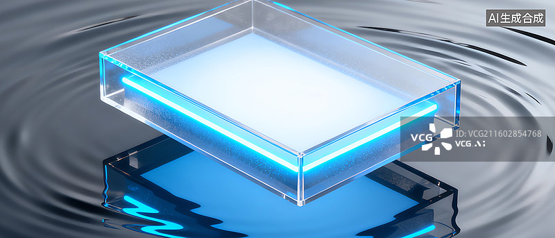 【AI数字艺术】悬浮于水面上的发光玻璃亚克力质感产品展示台图片素材