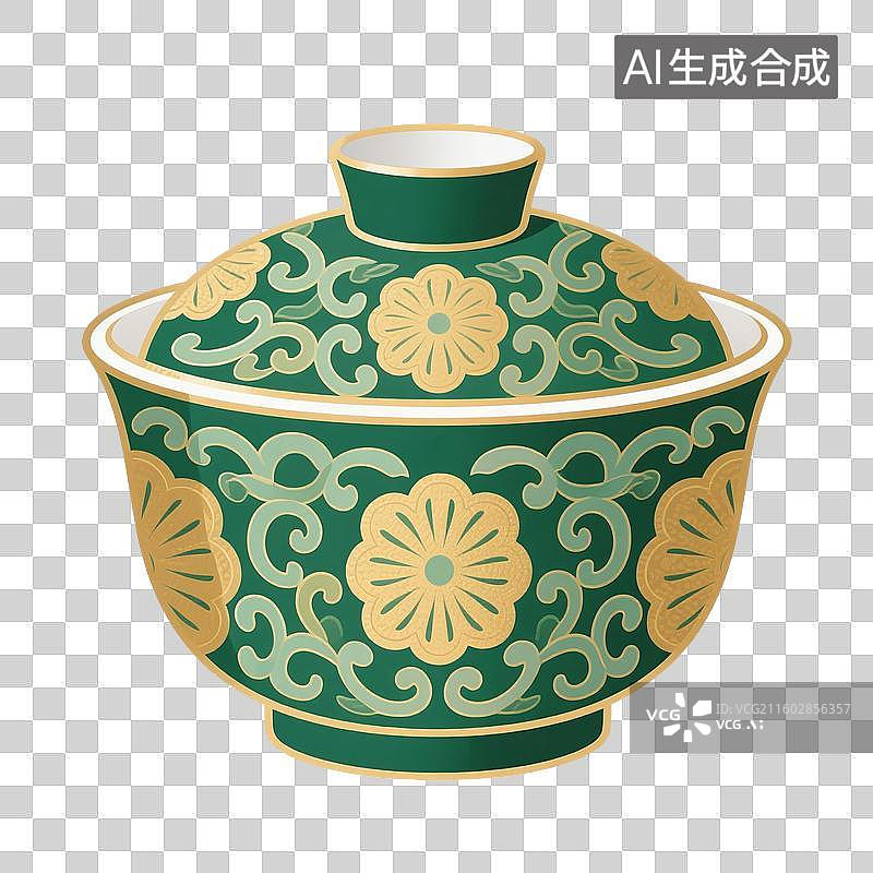 【AI数字艺术】国风手绘插画，盖碗茶，茶盏，茶杯茶具，瓷器，茶道，茶文化，喝茶饮茶免抠元素图片素材