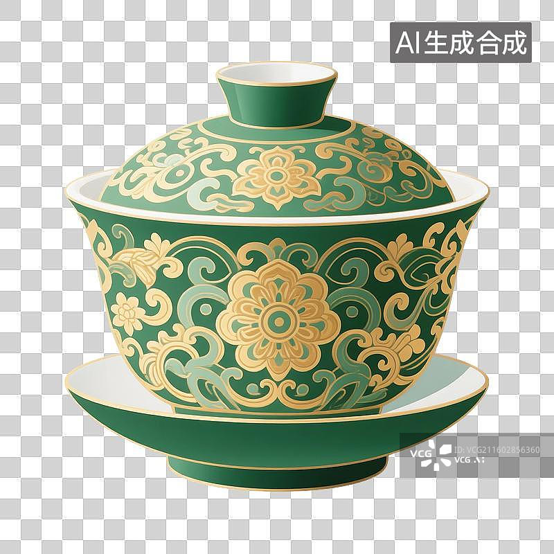 【AI数字艺术】国风手绘插画，盖碗茶，茶盏，茶杯茶具，瓷器，茶道，茶文化，喝茶饮茶免抠元素图片素材