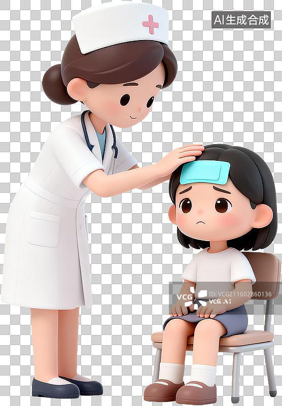 【AI数字艺术】卡通3D医疗健康儿童生病医生诊断日常预防插画元素图片素材