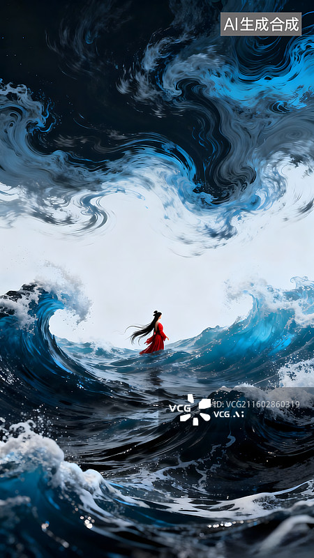 【AI数字艺术】手绘精卫填海 海浪女孩图片素材