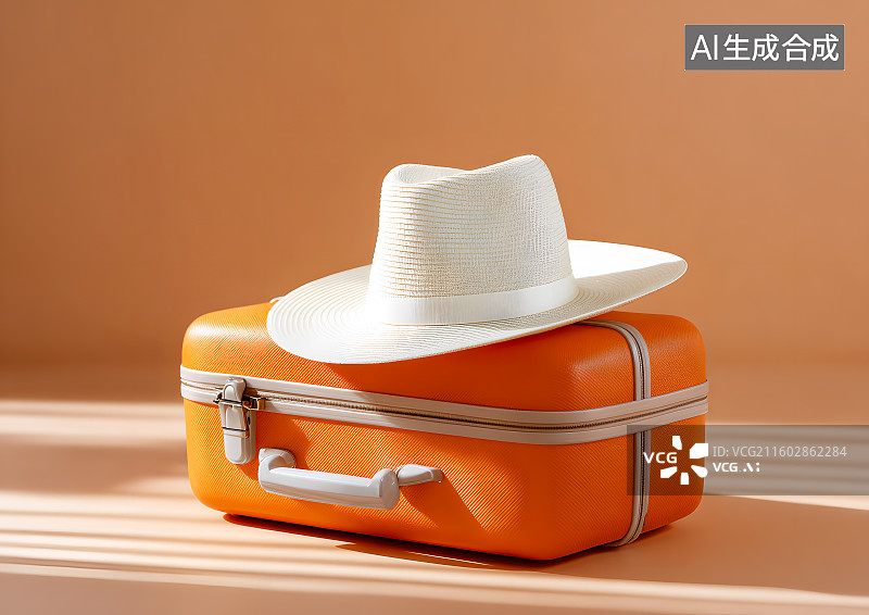 【AI数字艺术】一个橙色的旅行箱和帽子图片素材