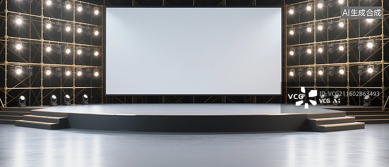 【AI数字艺术】金色桁架和聚光灯商业演示舞台和巨型屏幕背景图片素材
