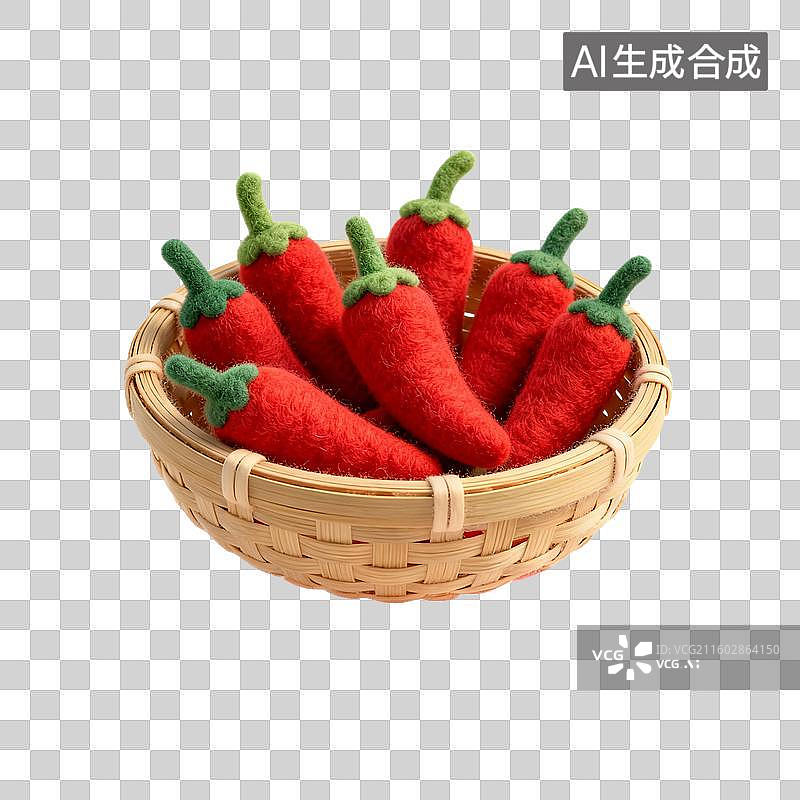 【AI数字艺术】竹篮中的手工毛毡红辣椒图片素材