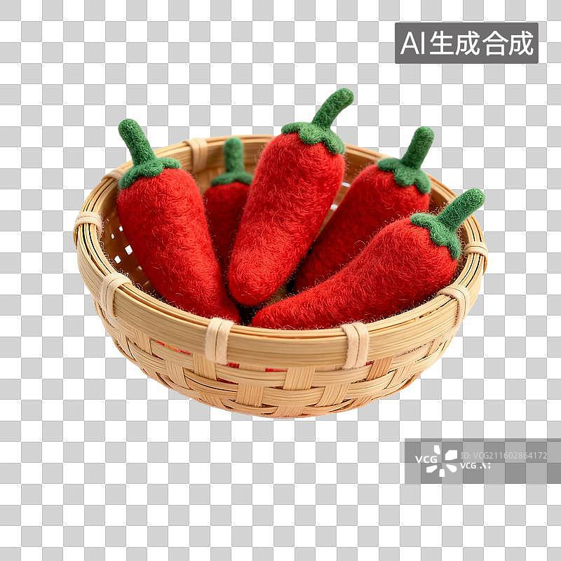 【AI数字艺术】竹篮中的手工毛毡红辣椒图片素材