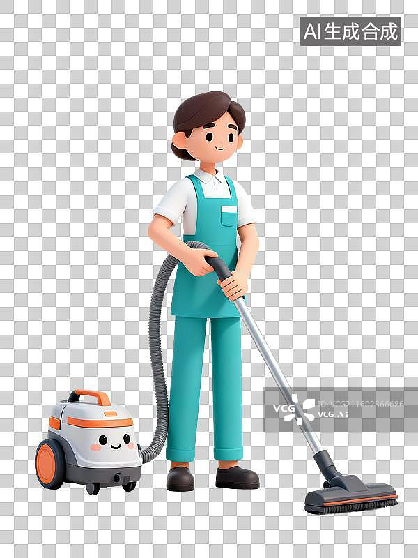 【AI数字艺术】3D渲染卡通人物，清洁工打扫卫生，家政服务，做家务，免抠元素图片素材