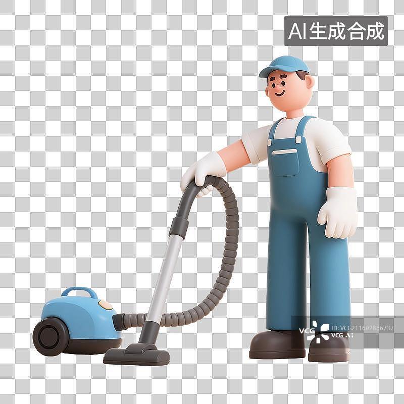【AI数字艺术】3D渲染卡通人物，清洁工打扫卫生，家政服务，做家务，免抠元素图片素材