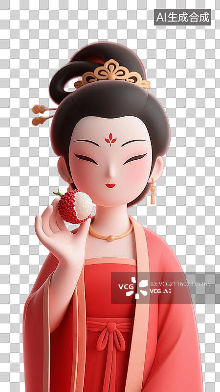 【AI数字艺术】3D渲染古代卡通人物，杨贵妃吃荔枝，唐朝美女，传统服饰，汉服，杨玉环，一骑红尘妃子笑，无人知是荔枝来图片素材