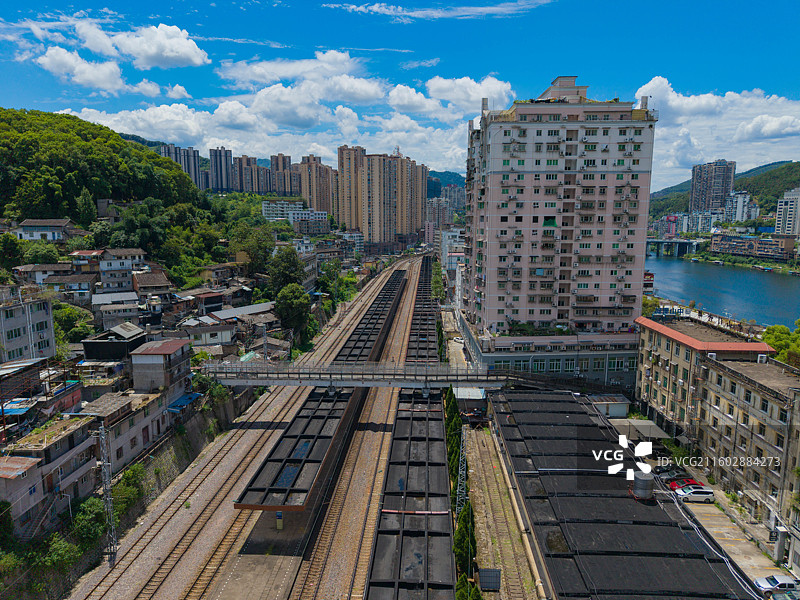 福建省南平市延平区，水南站，火车铁路，城市风光，航拍图片素材