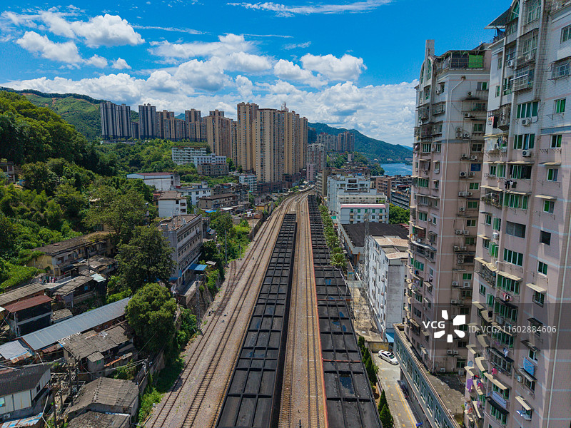 福建省南平市延平区，水南站，火车铁路，城市风光，航拍图片素材