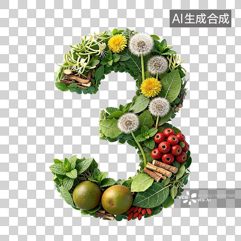 【AI数字艺术】3D多种植物元素构成草本风格立体数字元素图片素材