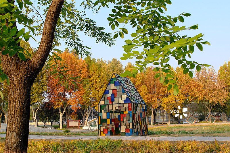 石家庄植物园森林里的小房子。七彩小屋。五颜六色五彩缤纷色彩艳丽拼图色块园林景观设计图片素材