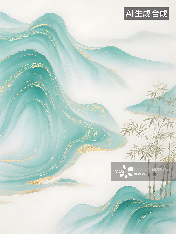 【AI数字艺术】中国山水画作，水墨青绿山水竹子图片素材