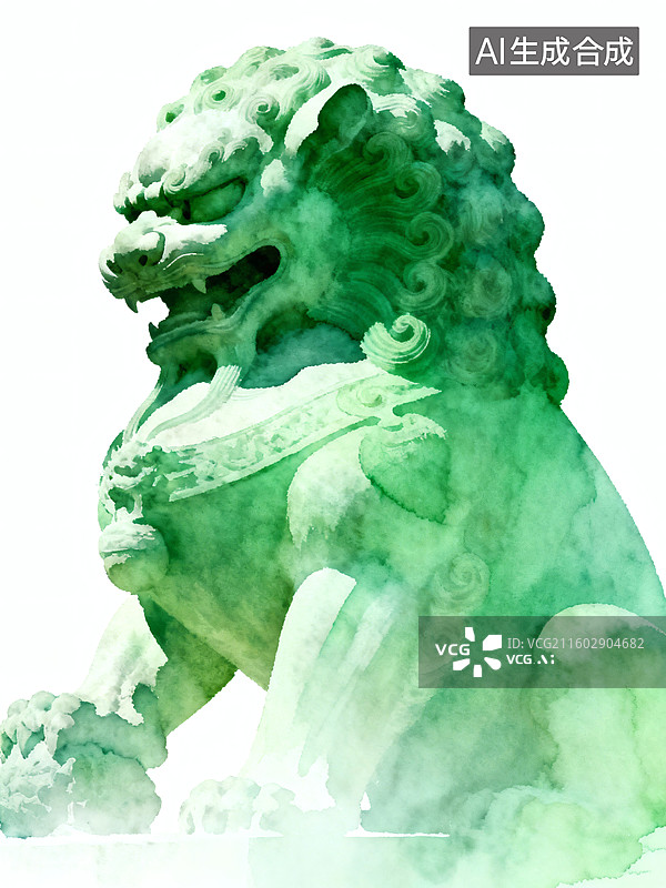 【AI数字艺术】绿色水彩狮子图像，背景为白色，狮子姿态威严，细节丰富图片素材