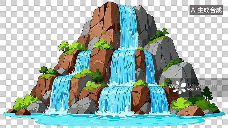 【AI数字艺术】3D渲染免抠图形元素卡通手绘高山流水瀑布图片素材