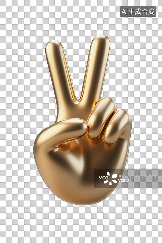 【AI数字艺术】3D渲染免抠图形元素金色金属材质手伸出两根手指用手比剪刀手数字2图片素材