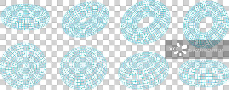 棋盘格网格上的 3D 线框网格圆环体集合图片素材