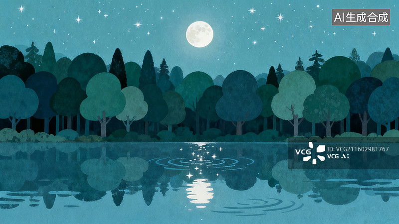 【AI数字艺术】月夜湖畔森林倒影图片素材