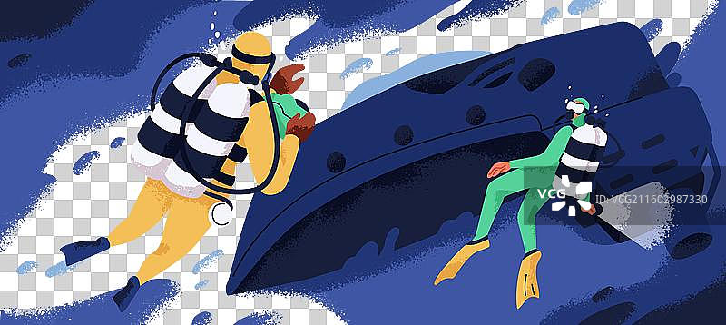 潜水员在水下发现沉船图片素材