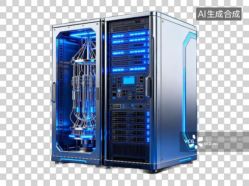 【AI数字艺术】新科技主题 量子计算机 蓝色灯光的服务器机柜图片素材
