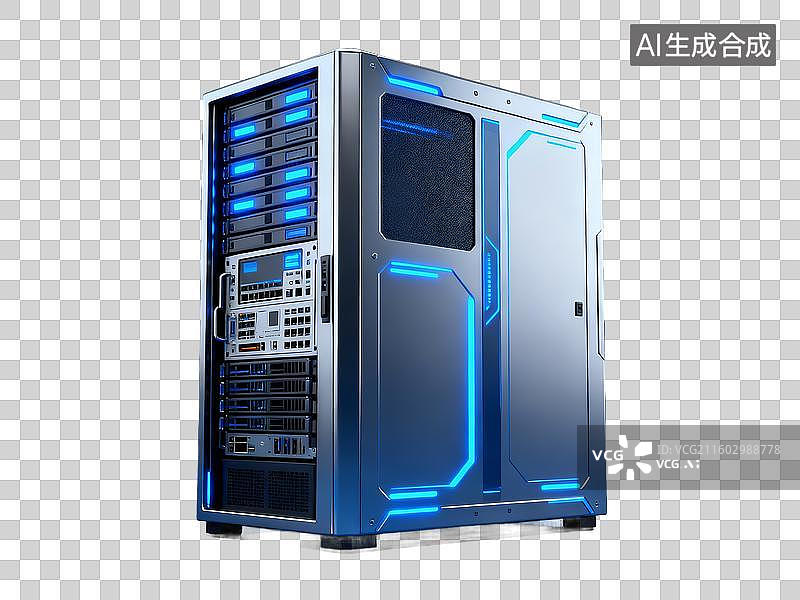 【AI数字艺术】新科技主题 量子计算机 蓝色发光电脑机箱图片素材