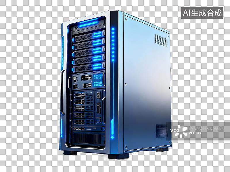 【AI数字艺术】新科技主题 量子计算机 蓝色发光电脑机箱图片素材