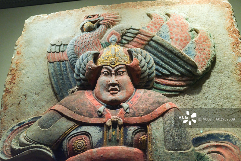 彩绘浮雕武士石刻 后梁 1994年河北曲阳王处置墓出土 中国国家博物馆“古代中国基本陈列”图片素材