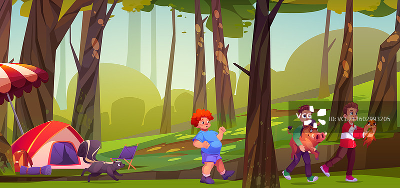 孩子们在森林的营地帐篷里带着动物图片素材