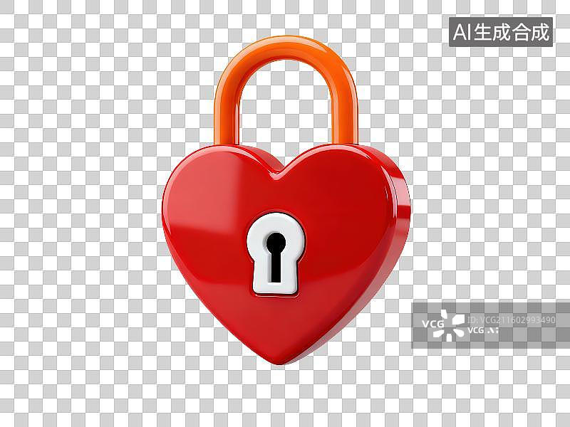 【AI数字艺术】3D渲染免抠图形元素红色爱心形状锁头图片素材
