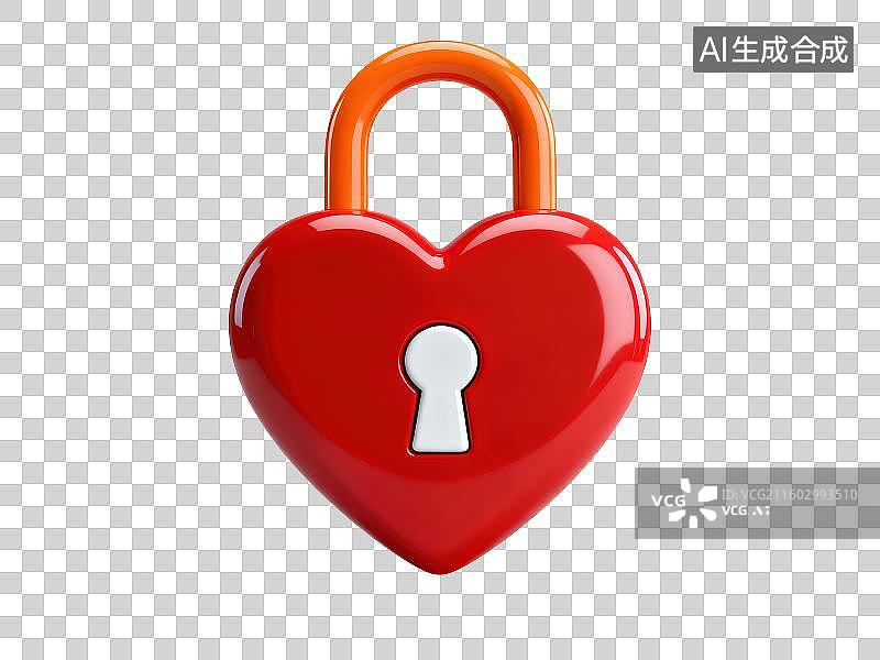 【AI数字艺术】3D渲染免抠图形元素红色爱心形状锁头图片素材