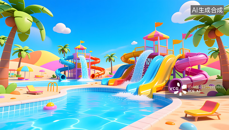 【AI数字艺术】儿童水上乐园的三维渲染图片素材