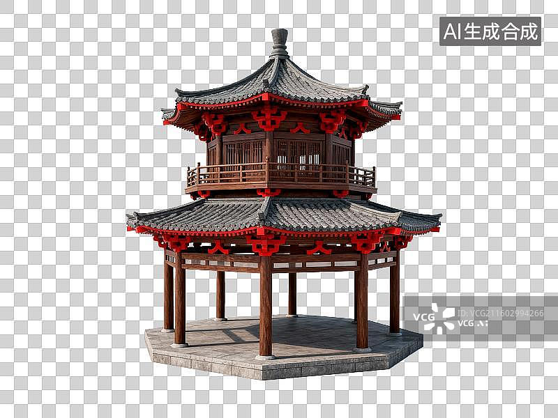【AI数字艺术】中国古典园林双层八角亭免抠素材 - 传统中式观景亭台图片素材