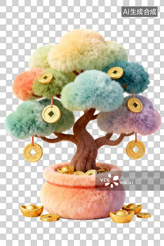 【AI数字艺术】彩色毛绒招财树 发财树 元宝 铜钱   摇钱树图片素材