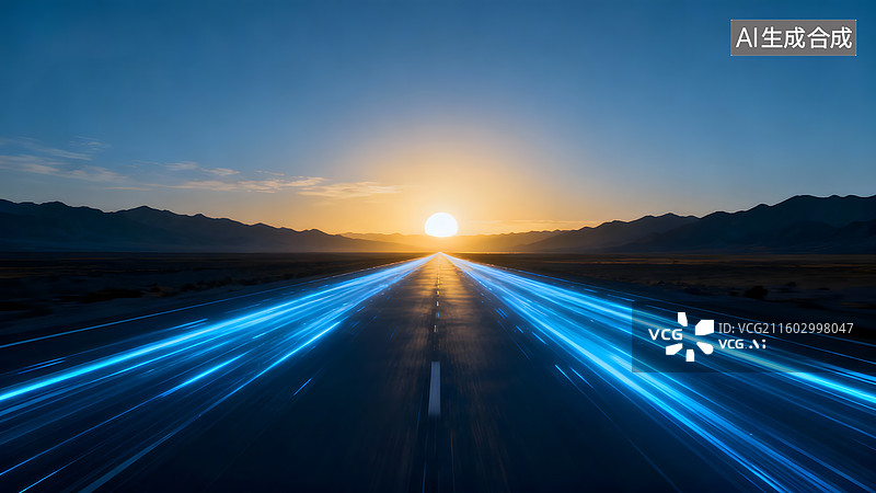 【AI数字艺术】未来感公路，动态蓝色光轨公路，公路，蓝色光轨图片素材